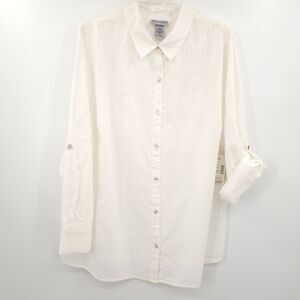 Catherines NWT embroidered button down top Plus Size‎ 1X white roll-tab sleeves